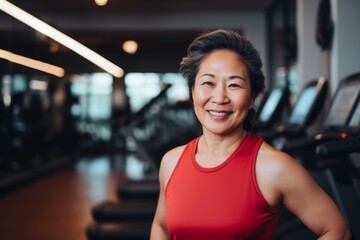 Fototapeta premium Smiling portrait of a middle aged slightly overweight woman in gym