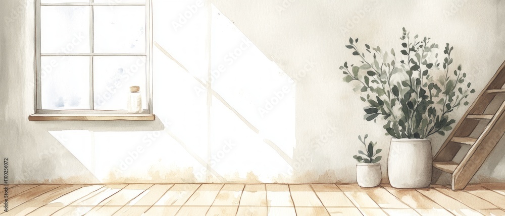 Poster sunlight streams through a large window into a spacious room, illuminating two planters and wooden s