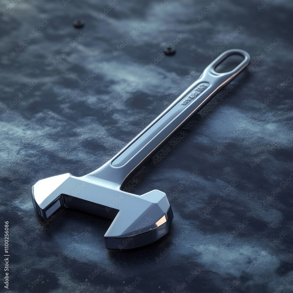 Poster close-up of a shiny metal adjustable wrench on a textured dark surface, emphasizing its sleek design