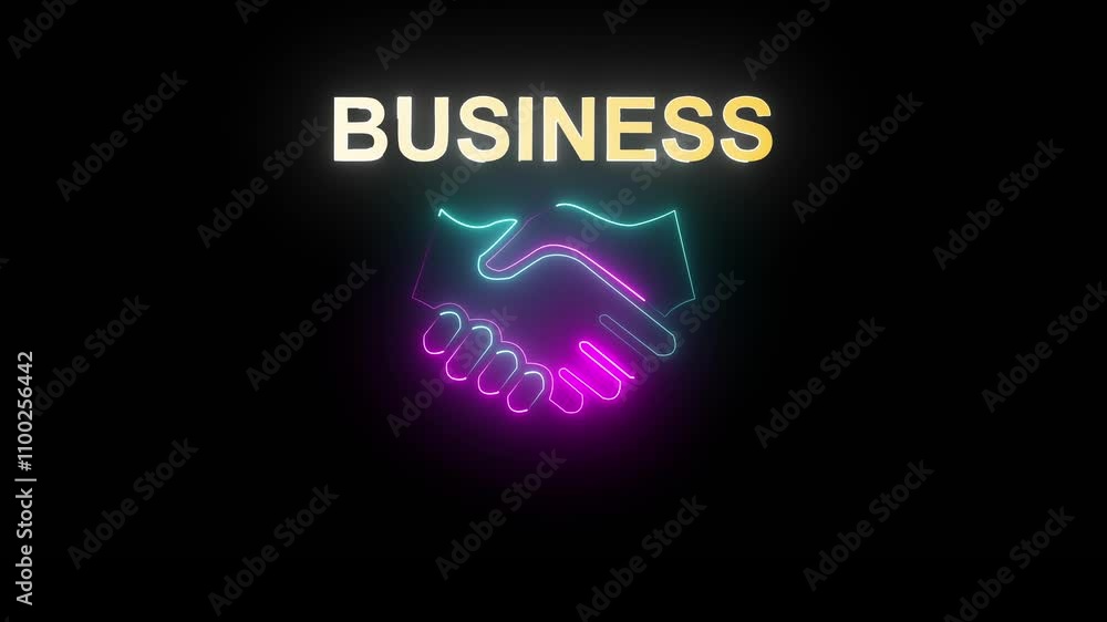 Poster shows glowing neon line of handshake with business icon ,cooperation concept, act or instance of wor