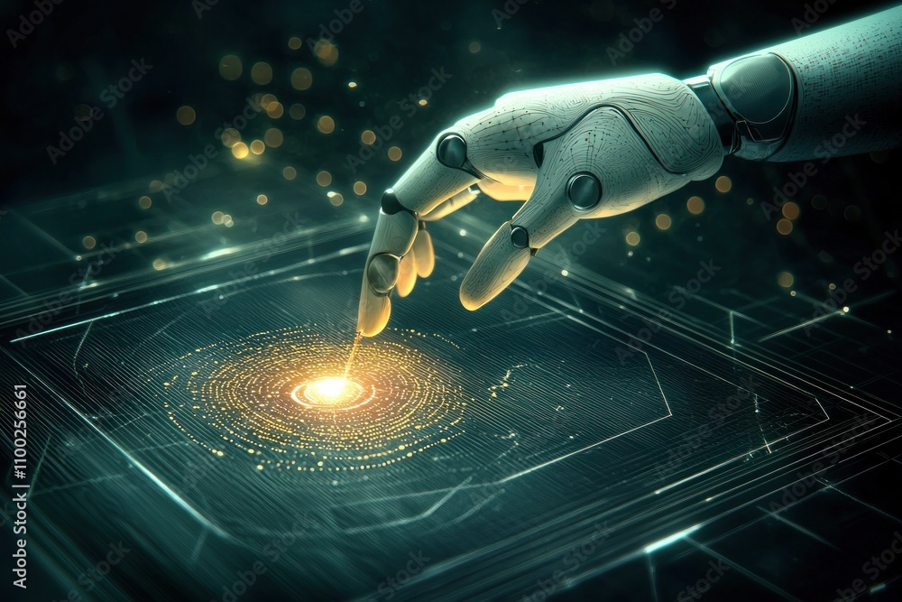 Poster futuristic robotic interaction digital space technology showcase sci-fi environment close-up viewpoi