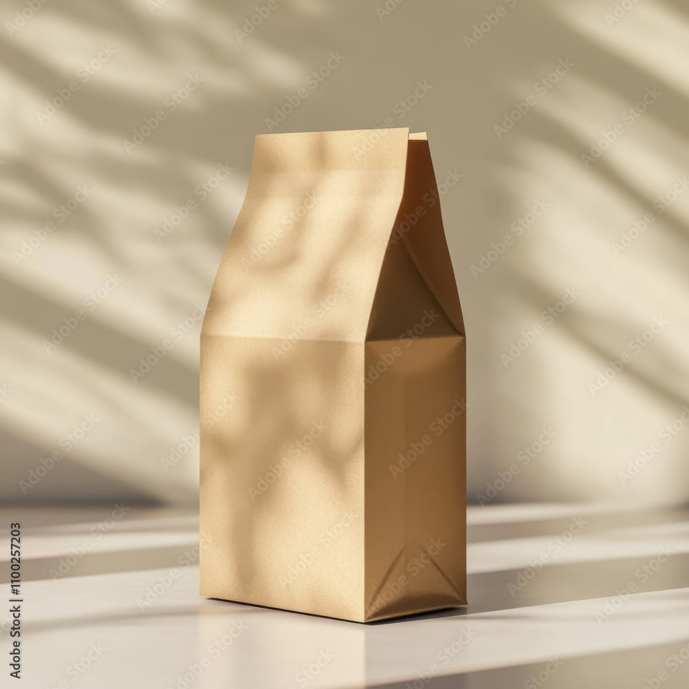 Aufkleber minimalist brown paper bag standing against a light backdrop with soft shadows creating a serene atm