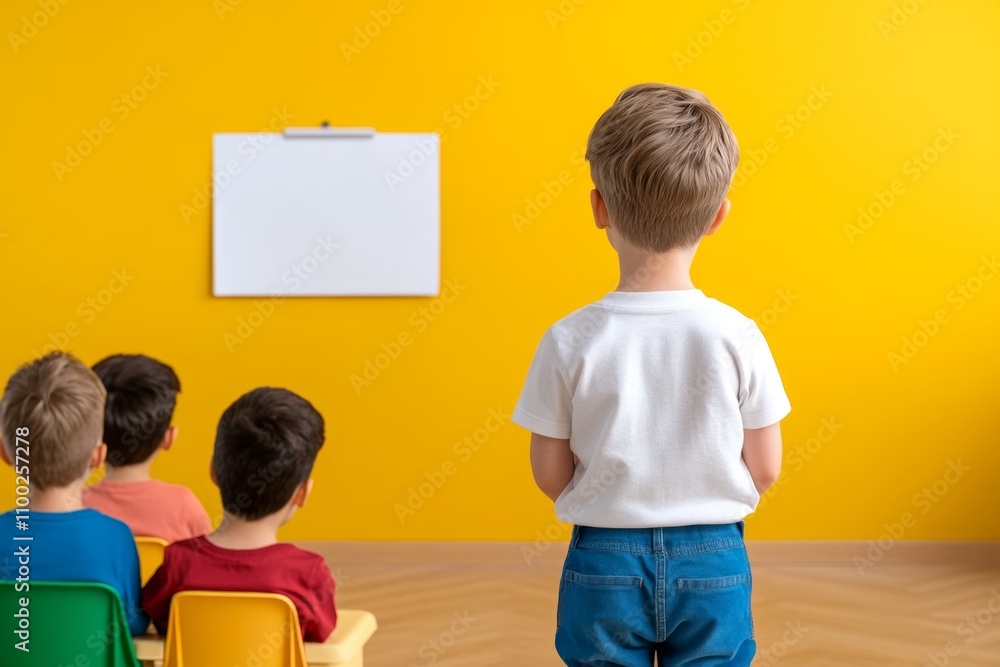 Poster A teacher in front of a classroom, making eye contact with students to maintain their attention while explaining a concept