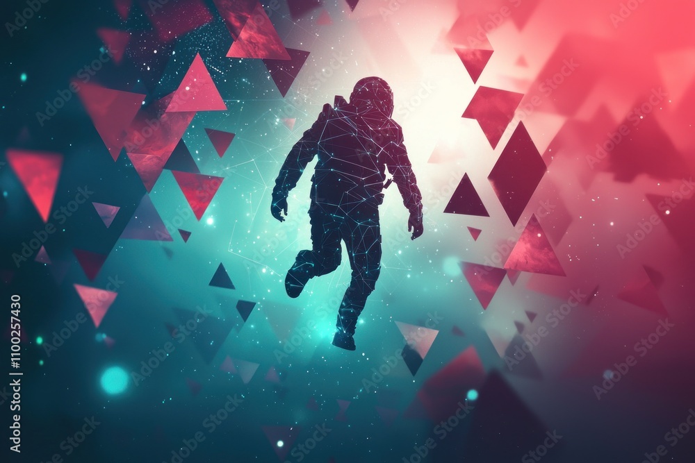 Poster astronaut floating through colorful geometric shapes in cosmic space digital art surreal environment
