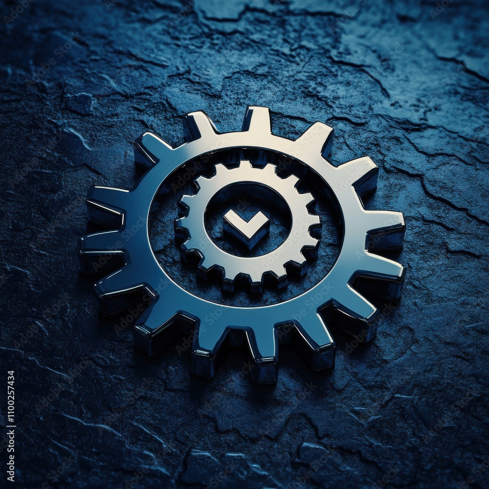 Poster a polished metallic gear icon with a check mark, symbolizing precision and efficiency in technology 