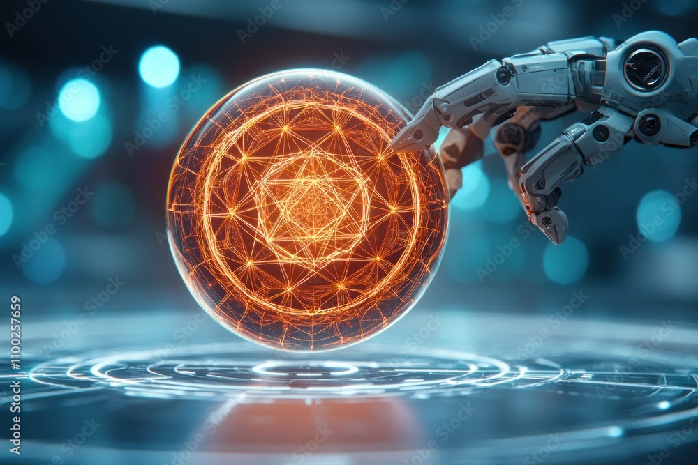 Poster exploring the future robotic interaction with energy sphere digital environment science fiction conc