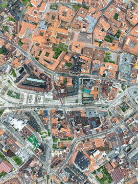 Aerial view of beautiful historic old town with medieval architecture and rooftops, Oviedo City, Spain.