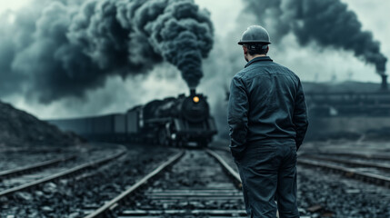 A man in a safety helmet stands near the tracks, with a powerful steam locomotive billowing smoke behind him.