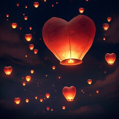 Heart-Shaped Lanterns Soaring into the Night Sky