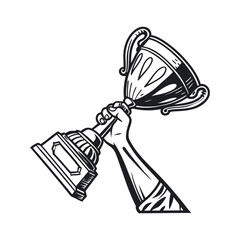 Fototapeta premium Hand Holding Champion Golden Trophy Vector Illustration - Clipart and Line Art Design.eps