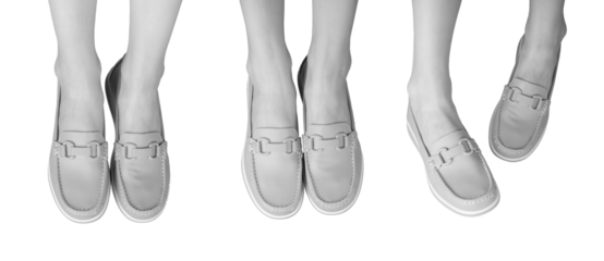 Feet in stylish loafers, elegant and casual footwear. Modern leather shoes with a minimalist design, stitched details, soft sole for comfort. Slip ons, chic and neat. Isolated on