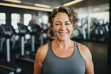Fototapeta premium Smiling portrait of a middle aged slightly overweight woman in gym