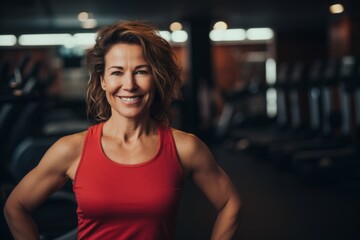 Fototapeta premium Smiling portrait of a middle aged slightly overweight woman in gym