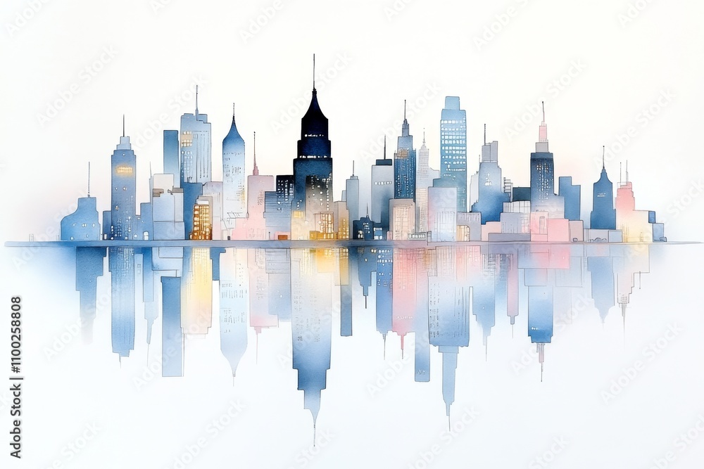 Poster a watercolor painting of a futuristic automated city, blending soft pastel tones and glowing robotic