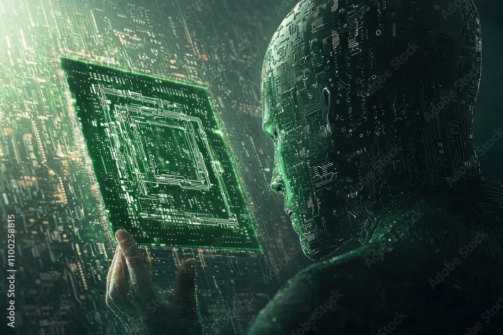 Poster exploring the future of artificial intelligence digital realm visual art futuristic technology close