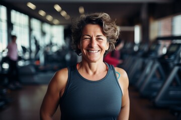 Fototapeta premium Smiling portrait of a middle aged slightly overweight woman in gym