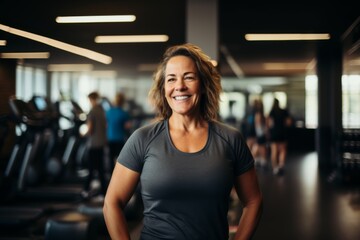 Fototapeta premium Smiling portrait of a middle aged slightly overweight woman in gym
