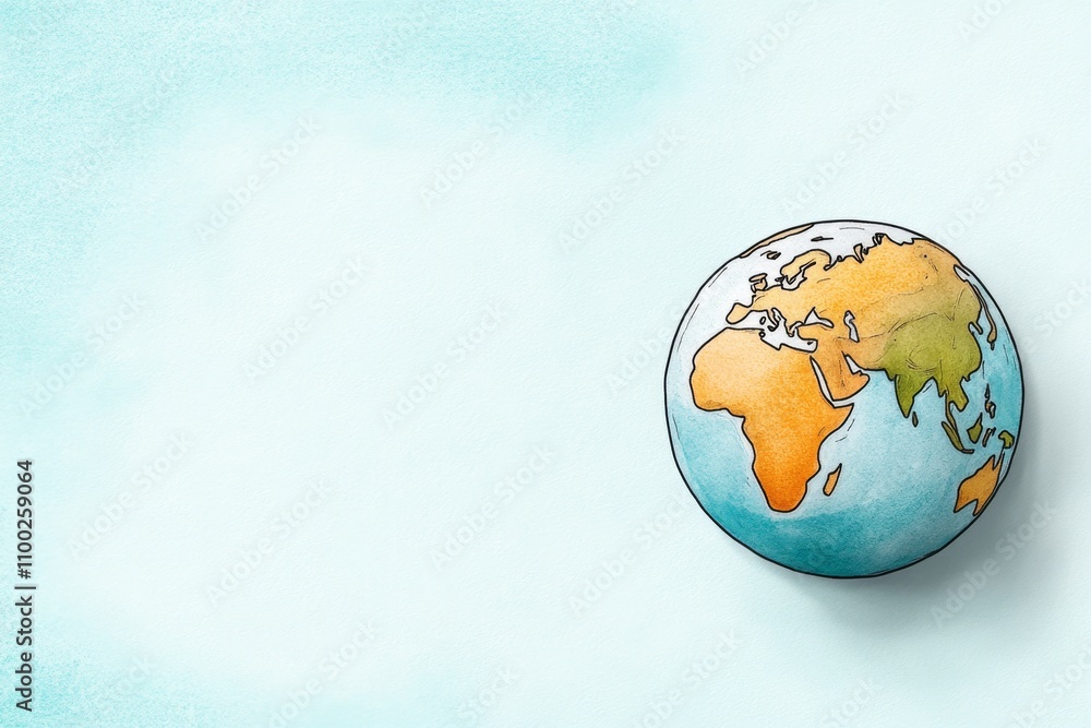 Poster a watercolor painting of the earth, with soft glowing lines showing its axis of rotation in light pa