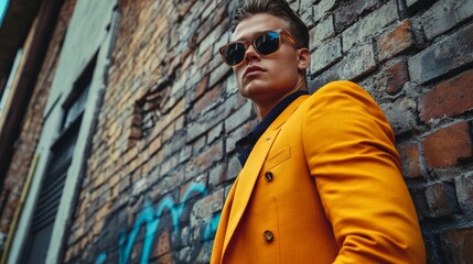 Obraz premium Stylish man in yellow suit poses confidently against an urban brick wall background with cool sunglasses and bold attitude.