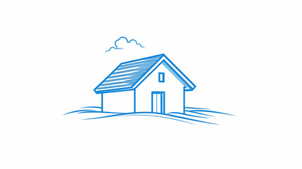 Fototapeta premium Simple blue line drawing of a house on a hill with a cloud.