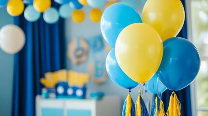Blue and yellow balloons with tassels in a sports themed birthday room generative ai