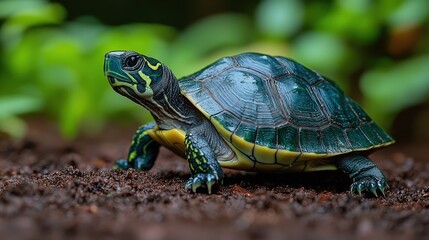 Obraz premium Close-up of a vibrant turtle in natural habitat with lush greenery