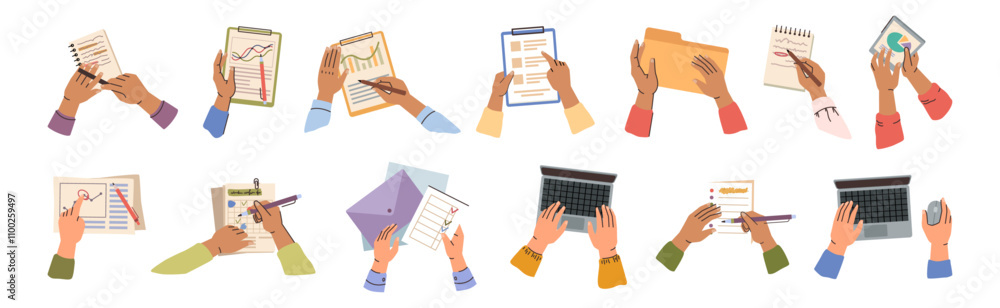 Leinwandbilder People working with documentations, folders and laptops, planning and brainstorming. Vector isolated hands with declarations and computers, top view. Students or office workers studying or working