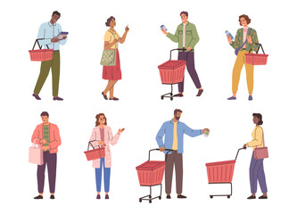 Fototapeta premium Men and women buying food and products for home in grocery store. Vector in flat style, isolated set of personages with shopping trolleys and carts, chores and evening routine for people