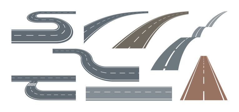 Highway roads, isolated set of straight and winding streets or ways. Vector in flat style, journey and path for driving and traveling. Curvy and winding shapes, perspective and horizontal