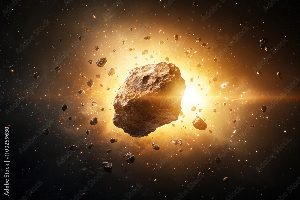 Poster asteroid impact simulation outer space digital artwork cosmic environment close-up viewpoint space e