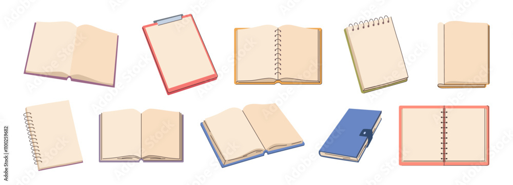 Poster business planners, notebooks with pen holder. vector isolated collection of open organizers or workb