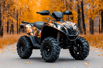 An ATV equipped with hunting gear, parked near a wooded area with camouflage details