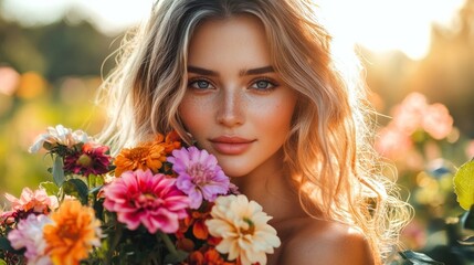 Naklejka premium Charming woman in a sunlit garden holding a colorful floral bouquet, natural expression. generative ai