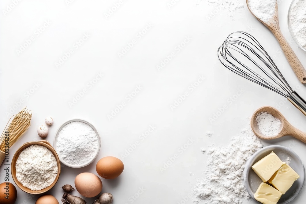 Poster flour, eggs, whisk, and butter are arranged neatly on a white background, providing an ideal setup f