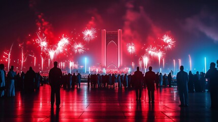 Crowd watching fireworks exploding over the arch at al alam palace, muscat, oman