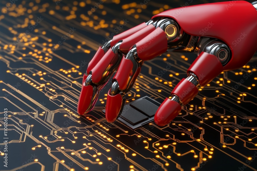 Aufkleber Hyper-realistic close-up of a robotic hand assembling a delicate circuit board, with intricate details of the components and lighting