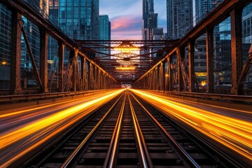 Obraz premium Fast-paced train journey urban skyline photography sunset perspective dynamic movement for seo impact