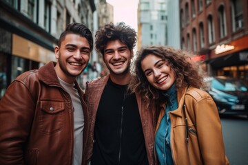 Fototapeta premium Smiling three young friends posing for selfie in city