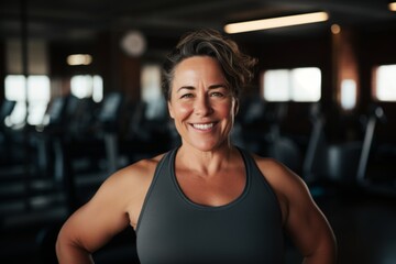 Fototapeta premium Smiling portrait of a middle aged slightly overweight woman in gym