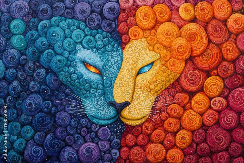 Poster dynamic duality colorful lion faces artistic creation wildlife vibrant environment close-up view sym