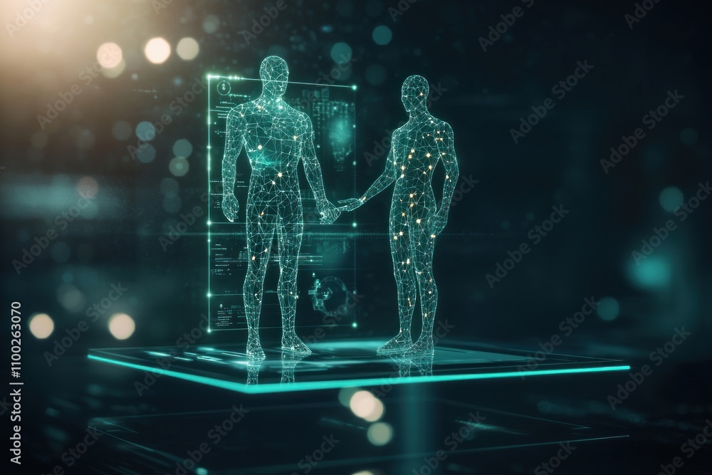 Aufkleber virtual interaction between human-like figures futuristic setting digital art technology environment