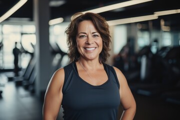 Fototapeta premium Smiling portrait of a middle aged slightly overweight woman in gym