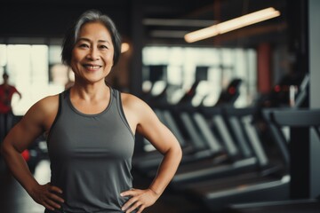 Fototapeta premium Smiling portrait of a middle aged slightly overweight woman in gym