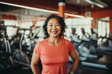 Fototapeta premium Smiling portrait of a middle aged slightly overweight woman in gym