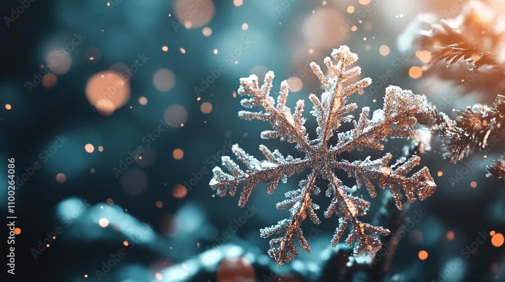 Poster frosted snowflake on pine tree with soft winter bokeh background