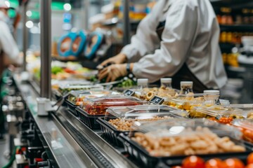 Obraz premium Multiple food products being packaged on conveyor belt