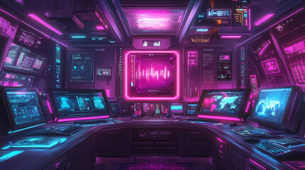 Obraz premium Futuristic tech data security scene with neon lights and holographic displays, featuring an advanced gaming setup. Holographic. Illustration