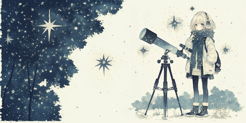 空気の澄んだ冬に天体観測をする女性。水彩画。イラスト