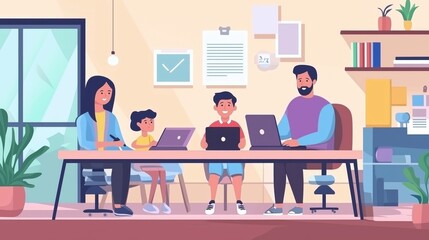 Family working together on laptops in a modern home office during a sunny day