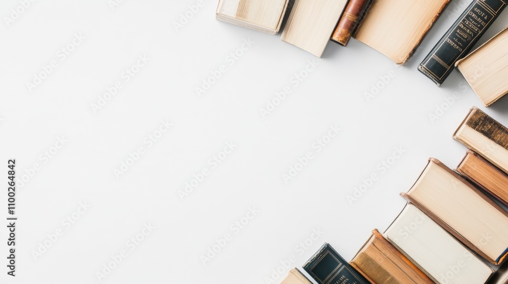 Leinwandbilder a variety of books from different genres are arranged neatly on a clean white background, inviting e